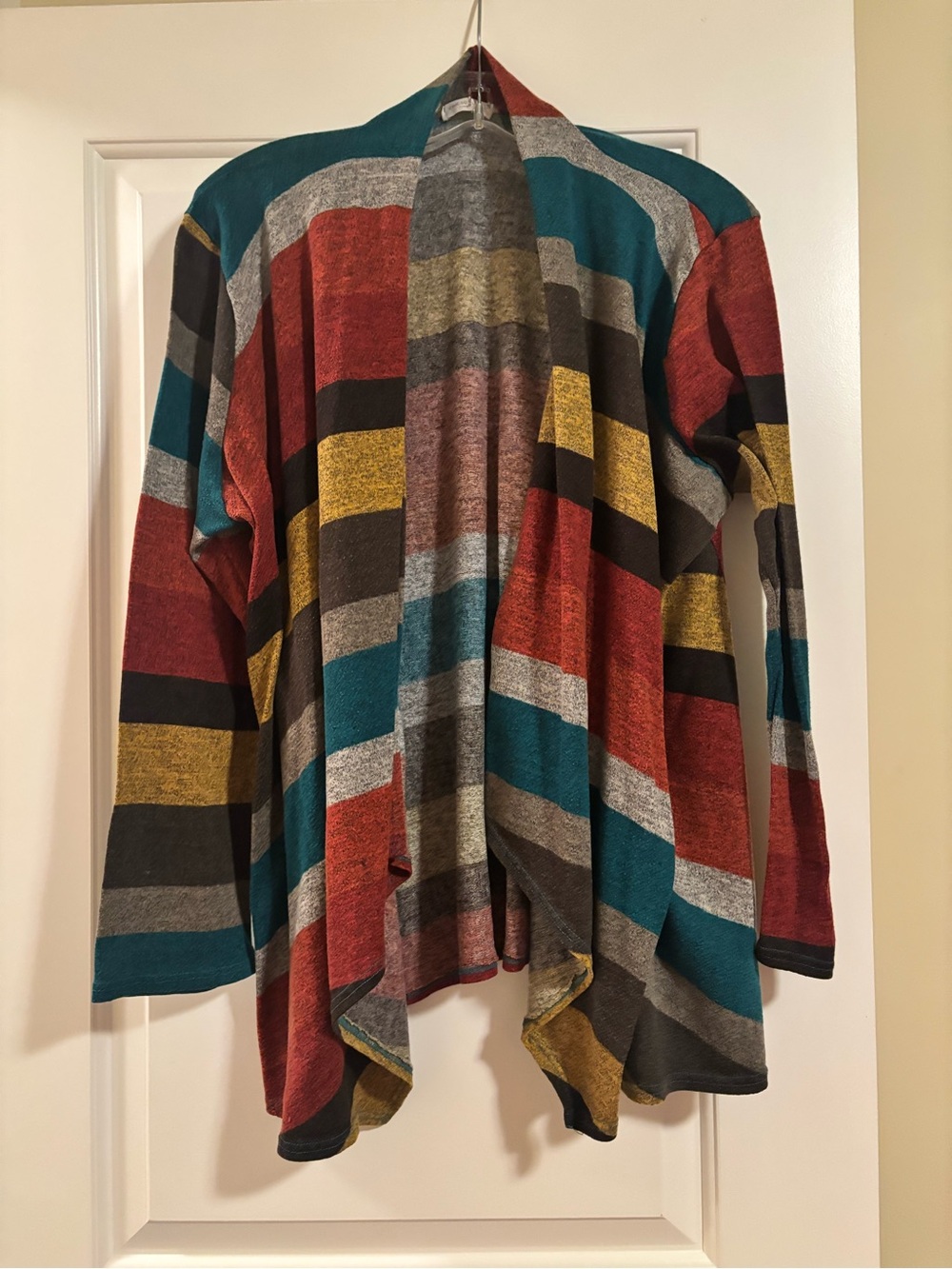 Open-Front Striped Cardigan Sweater - Teal, Rust, Yellow, Gray